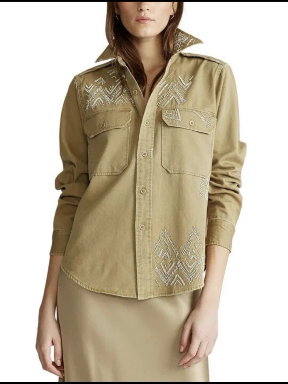 Polo Ralph Lauren Womens Shirt Brown Twill Southwestern Beaded Shirt Sz L